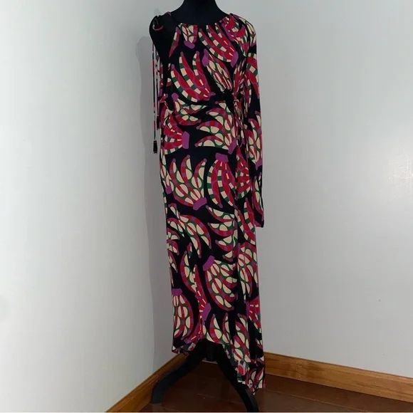 NEW! Farm Rio- Banana Dot Black One Shoulder Midi Dress Size XL Multicolor